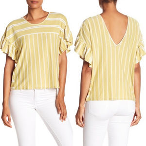 Lucky Brand Striped Ruffle Sleeve Tee Yellow Sz S